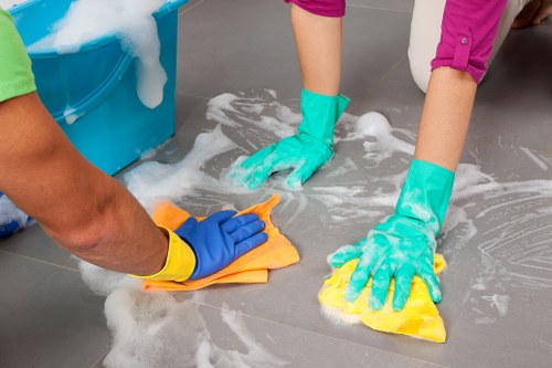 Cleaning professional maintaining a residential communal entrance