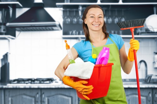Move out cleaning supplies and checklist on a table